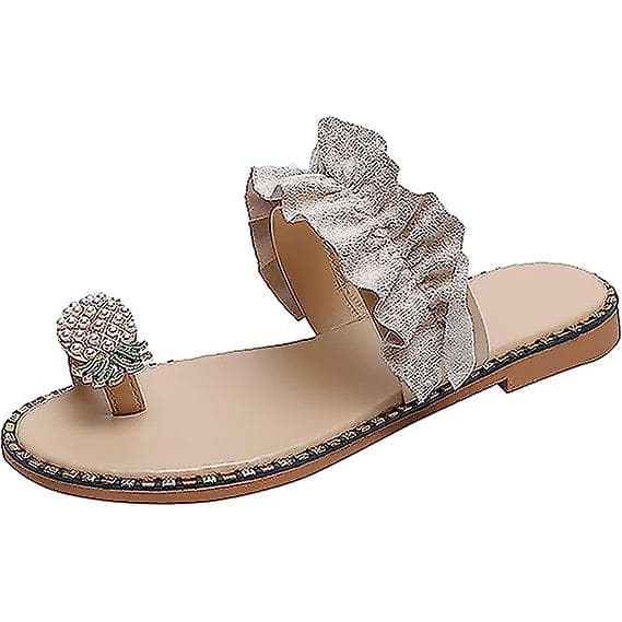 Sandaler til kvinder, flade, afslappede slippers med ringtå, strandsko Beige 41