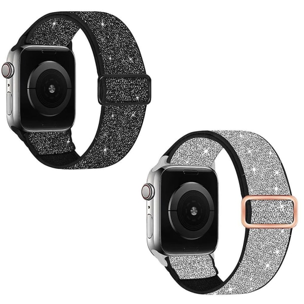 2 st Shiny Stretchy Solo Loop Watch Band Kompatibel med Apple Watch Band 42mm 44mm 45mm Justerbar Flätad Elastisk Sport Dam/män Band För Iwatch S