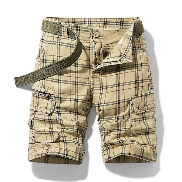 Miesten ruudulliset shortsit, väljä vyötärö, monipuoliset twill-cargo-shortsit BEIGE 34