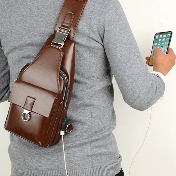 Herre USB Brysttaske Anti Tyveri Sports Sling Taske Med USB Opladning Vandtæt Chest Bag And Wallet Brown With USB Port