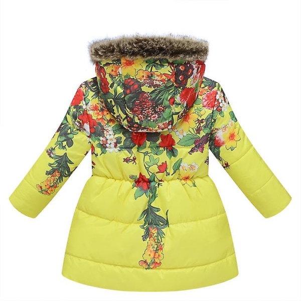 Flickans vinterkappa jacka med huva barn blomma tryck Parka ytterkläder Yellow 130