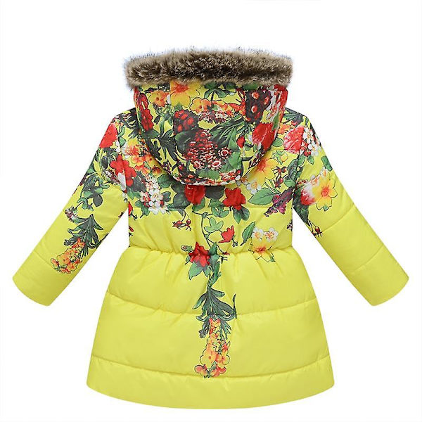 Pigevinterfrakke Jakke Hætte Børn Blomsterprint Parka Overtøj Yellow 150