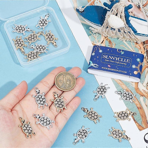 1 Æske 20 stk. Guldfarvede Skildpadde Charms Bulk Sølvfarvede Skildpadde Charms Søde Mini Små Legering Rhinestone Havliv Ocean Dyr Skildpadde Charms til Smykkefremstilling Cha
