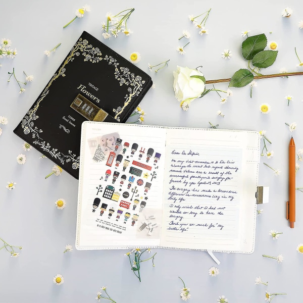 Blomster Læder Journal Med Lås Skrive Dagbog Notesbog Kombination Adgangskode Linjeret Genopfyldeligt Papir 215 X 155 Mm (hvid)