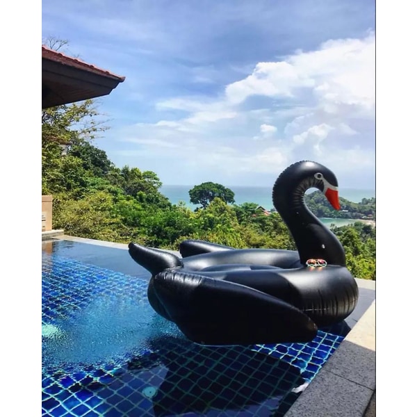 Cool 190cm Sort Svane Kæmpe Pool Float Oppustelig Cirkel Svømmeringe Ride-on Luftmadras Flydende Seng Sommer