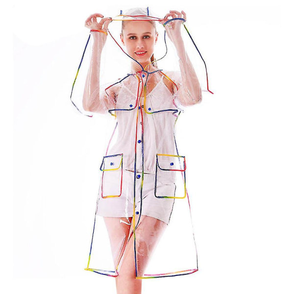 Vuxen Transparent Tjock Huva Långärmad Vattentät Regnrock Poncho Regnkläder Multicolor L