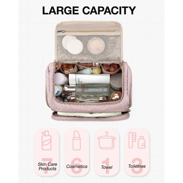 Rese-necessär, stor vidöppen resväska för toalettartiklar, smink-kosmetisk resväska med handtag Pink Medium