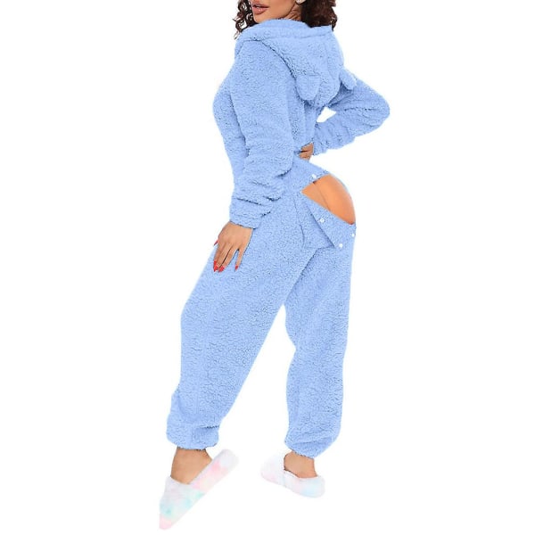Kvinnors sexiga djup V-ringad bodycon jumpsuit pyjamas långärmad romper nattkläder Blue L