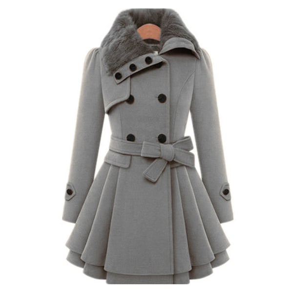 Dam dubbelknäppt vinterjacka Vintage mode trenchcoat enfärgad XL Gray