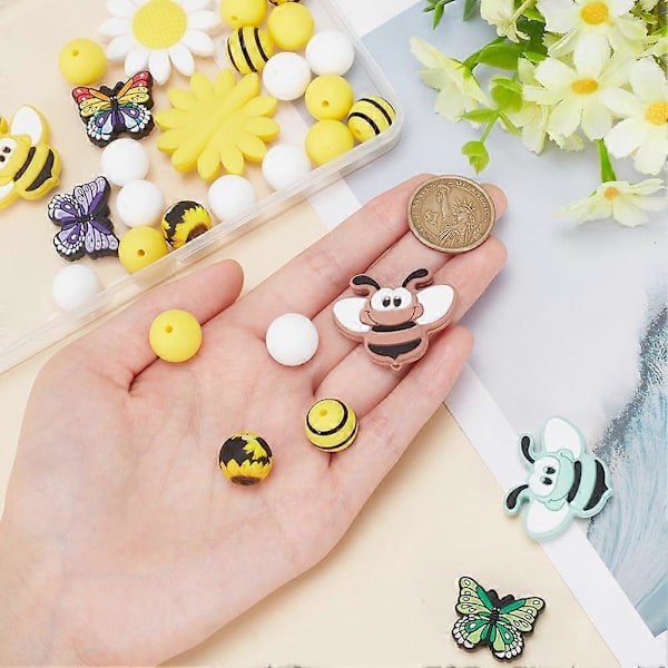 34 stk. 12 stilarter Silikone Focal Perler Bi Blomst Sommerfugl Formet Silikone Perler Gummi Perler til Perlepenne Nøgleringe Halskæder Smykkefremstilling Håndværk