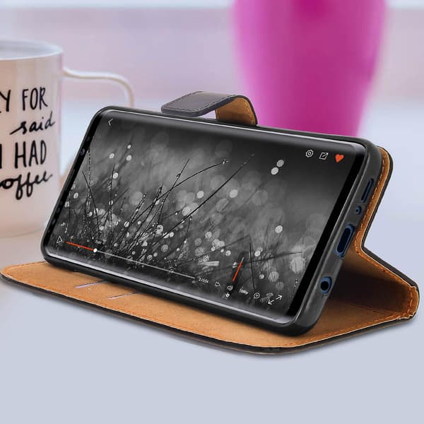 Læder Folio Etui til Galaxy S9 Plus, Video Stand Ægte Læder Sort