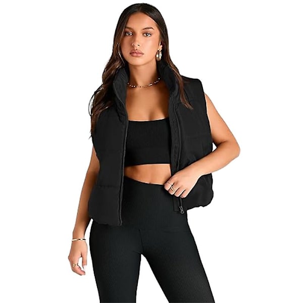 Puffer Vest Dame Ærmeløs Vinter Cropped Stand-up Krave Dunjakke Black L