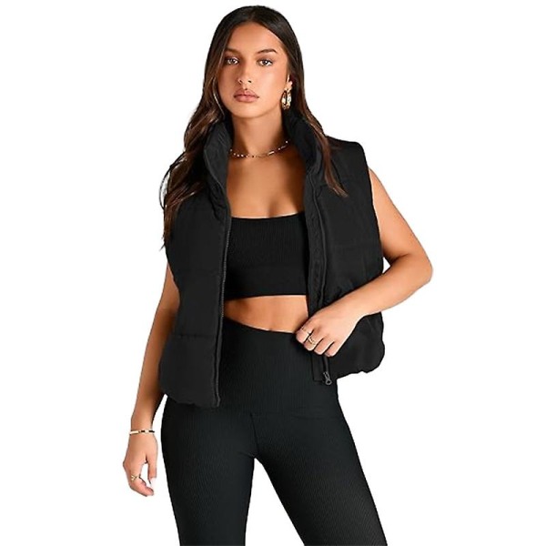 Puffer Vest Dame Ærmeløs Vinter Cropped Stand-up Krave Dunjakke Black XL