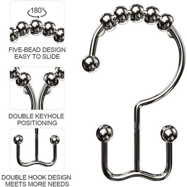 12-pack duschdraperikrokar, rostfria metalldubbelglidande duschdraperiringar för badrum duschdraperier - silver