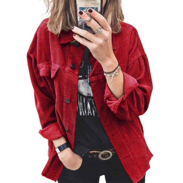 Korduroyjacka för kvinnor, långärmad korduroyrock, nedfälld lös kofta 3XL Red