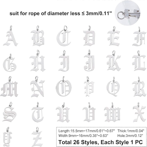 26 st Metall Bokstavsberlocker Gammal Engelsk Gotisk Stil Rostfritt Stål A-Z Bokstavsberlocker med Öglor för Armband Halsband och Örhängen Hantverk