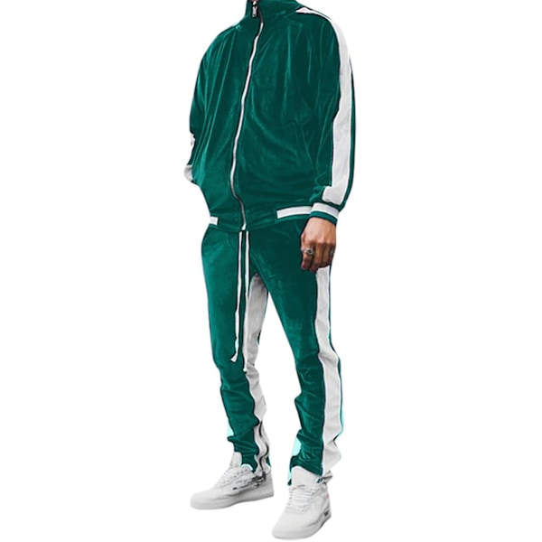 Mjukisdress i sammet för män, avslappnad jacka och byxor Green M