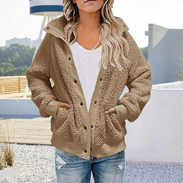Kort Vinter Cardigan til Kvinder Langærmet Plys Frakke Med Dobbelte Lommer Ensfarvet 2XL Light Pink