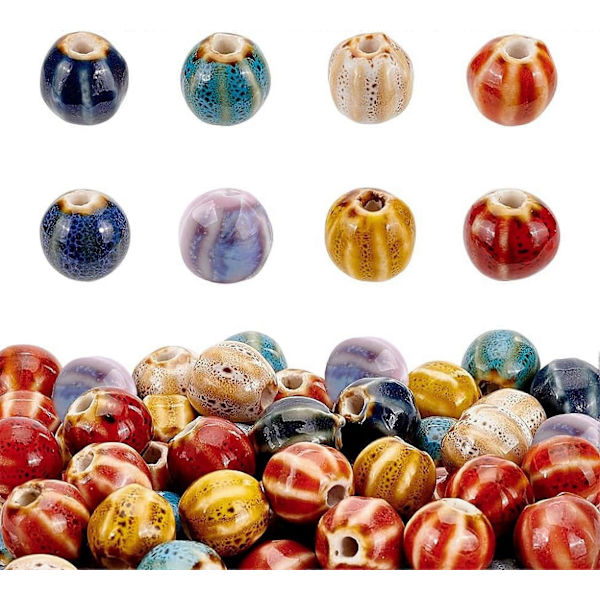 80 stk. 11 mm Diameter Keramiske Runde Perler 8 Farger Fancy Antikk Glasert Håndlagde Porselensperler med 2 mm Hull Løse Avstandsperler Kuleperler for DIY Smykkefremstilling