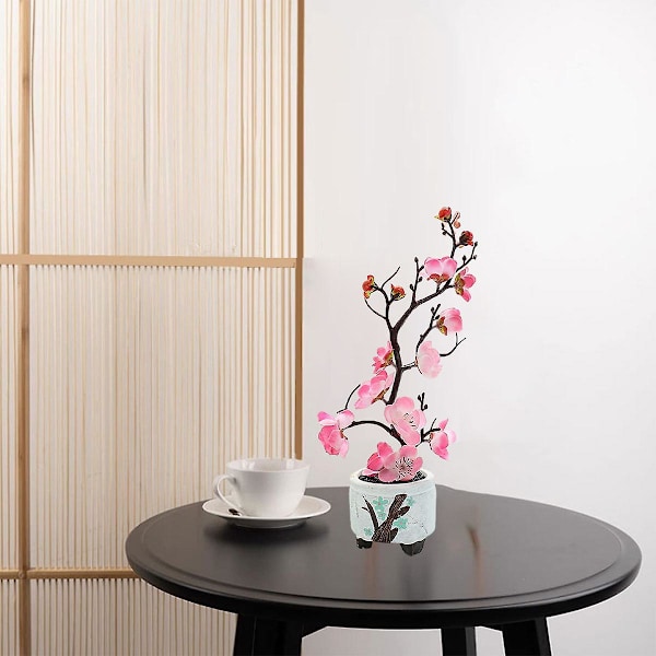 Simulerade blommor, gröna växter, krukväxter, simulerade plommonblomkrukor, heminredning, festdekoration pink