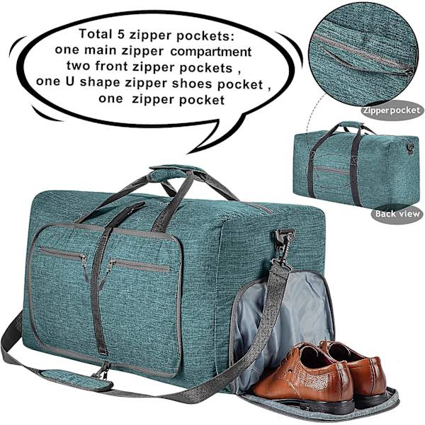 Reise-Dufflebag for menn, 65l sammenleggbar reise-duffelbag med sko-rom nattpose for menn kvinner vanntett og rivebestandig Green