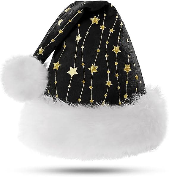 Julemandshat til voksne, blød julehat med guldstjerner, varm stor julehat til mænd og kvinder (sort)