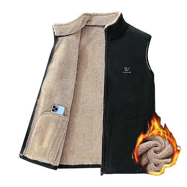 Herre Fleece Vest med Fuld Lynlås, Sherpa-foret Høj Krave Vest Black S