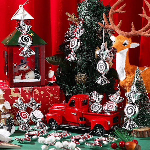24 st julgodispynt Candy Cane Julgran Glitter Hängande Pynt Plast Pepparkaksvirvlar