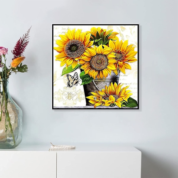 Diamantmålningssatser för vuxna nybörjare Full Drill Solrosor 5d Diy Diamantkonstsatser Blommor Måla med runda diamanter Gem Art Butterfly