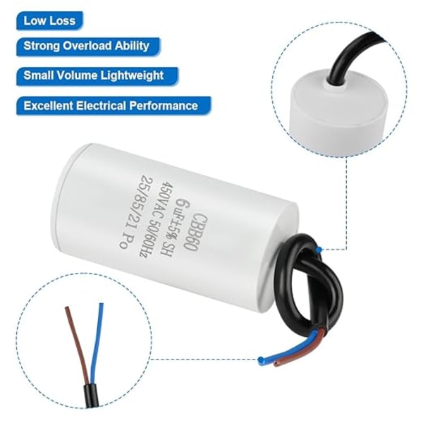 CBB60 startkondensator 6 μF, 450 VAC elektrisk motorkondensator, 50/60 Hz universell kondensator