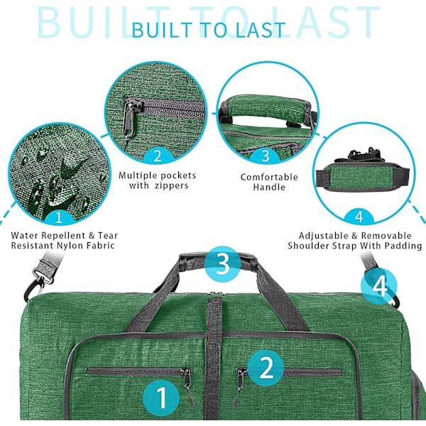 Reise-Dufflebag for menn, 65l sammenleggbar reise-duffelbag med sko-rom nattpose for menn kvinner vanntett og rivebestandig Deep Green