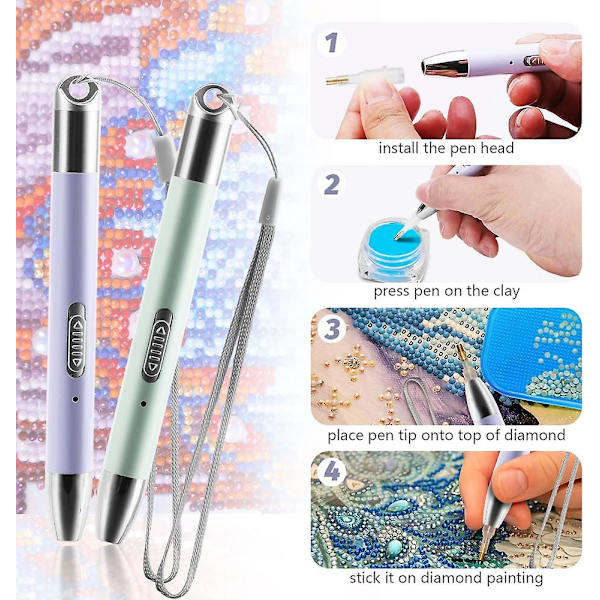 Punktborepenn, 2 stk Diamantmalingspenn med LED-lys 5d DIY Diamantkunstpenner med 2 lysmoduser, 10 stk Erstatningspennspiss, 2 stk Forstørrelsesglass