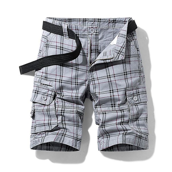 Miesten ruudulliset shortsit, väljä vyötärö, monipuoliset twill-cargo-shortsit GRAY 34