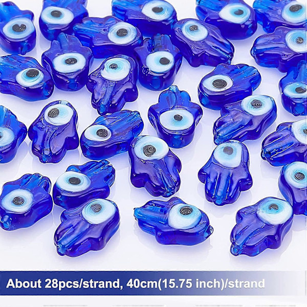 28 st Hamsa Hand-pärlor med onda ögat i glas, handgjorda lampwork för smyckestillverkning, blå