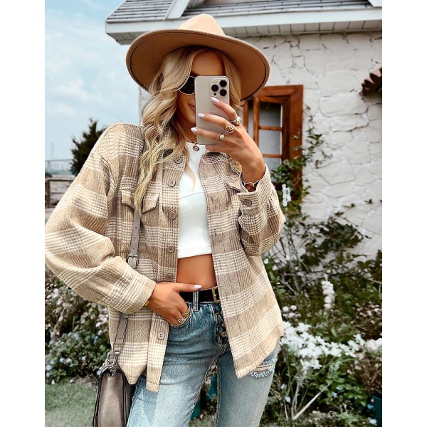 Landlig Plaid Skjorte 2023 Efterår Og Vinter Cardigan Lang Frakke Top Dame Mode Løs khaki M