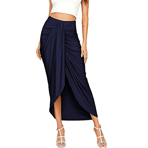 Kvinnors Casual Slit Wrap Asymmetrisk Elastisk Hög Midja Kjol Navy M