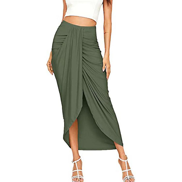 Casual slå-om nederdel med slids til damer, asymmetrisk elastisk højtaljet nederdel Green XS