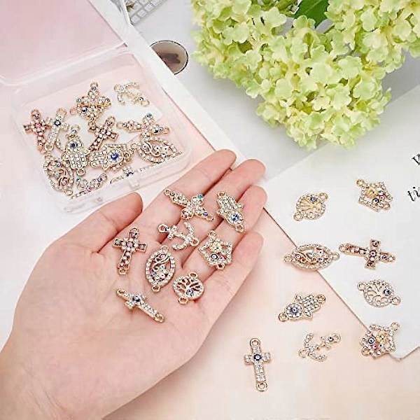 32 stk. Evil Eye-konnektorer, forgyldt rhinestone, kors, oval Hamsa-hånd, flad rund Tree of Life-led, charms, Lucky Chakra-vedhæng til smykkefremstilling