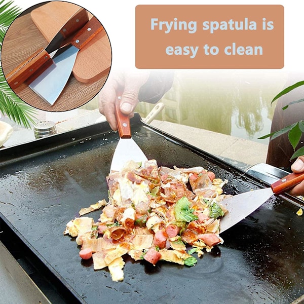 Spatel i rustfritt stål med trehåndtak, grillspatel for plancha, 2 stk.