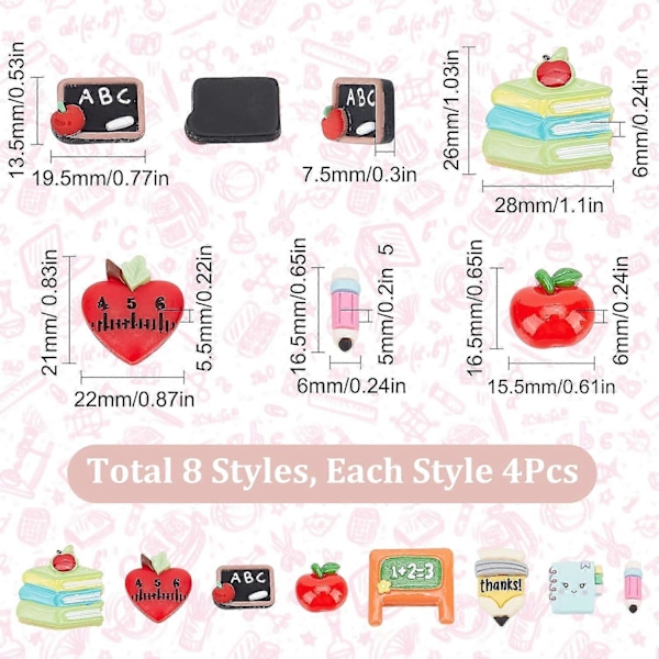 1 Æske 32 stk. Lærer Charms Flatback Skole Resin Cabochons Bedste Lærer Elev Rødt Æble Cabochon Blyant Notesbog Hjerte Flatbacks