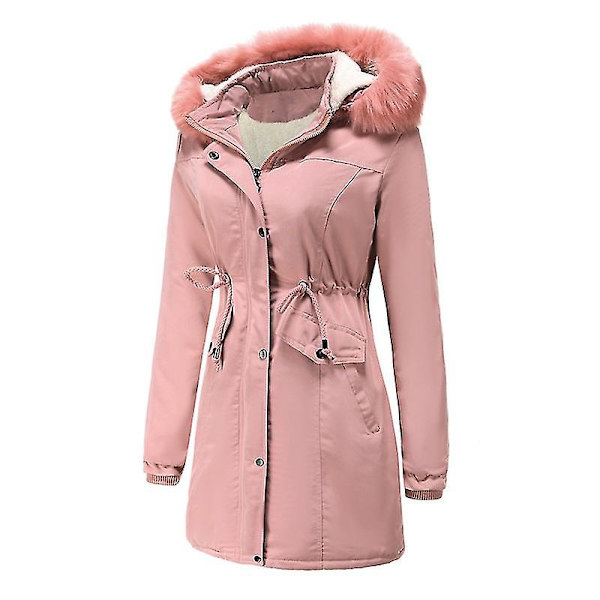 Dame Tykke Vatterte Jakker Med Avtakbar Hatt Vinter Bomullsjakke Hette Varmt Yttertøy 3XL Pink