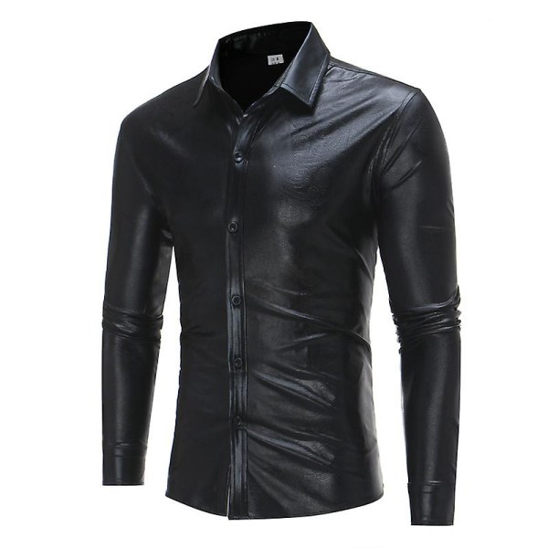 Shiny Slim Fit Långärmad nattklubbskjortor för män Black S