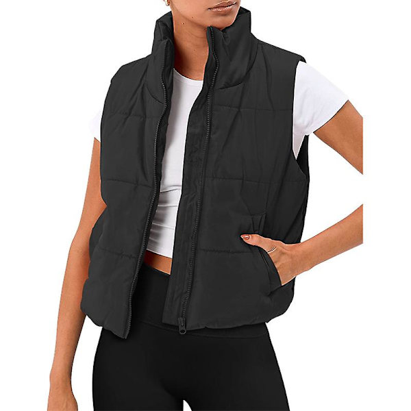 Puffer Vest Dame Ærmeløs Vinter Cropped Stand-up Krave Dunjakke Black M