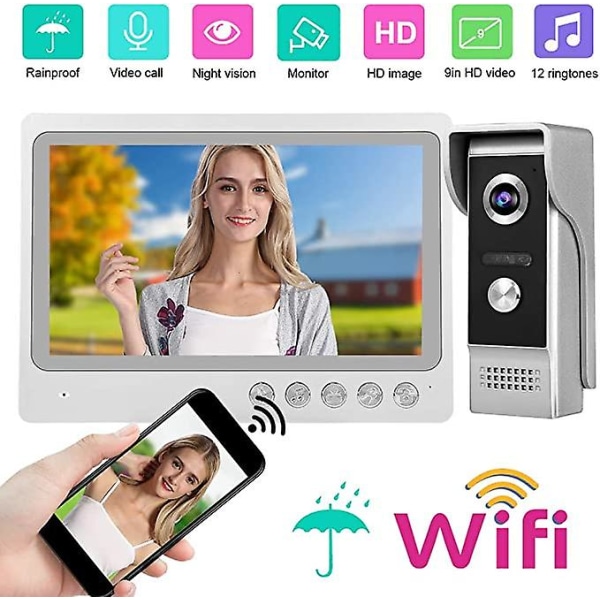 Video dörrtelefon, 9-tums wifi fjärrkontroll video intercom dörrklocka system, Ip65 vattentät nattvision kamera hemmasäkerhet access system, stöd