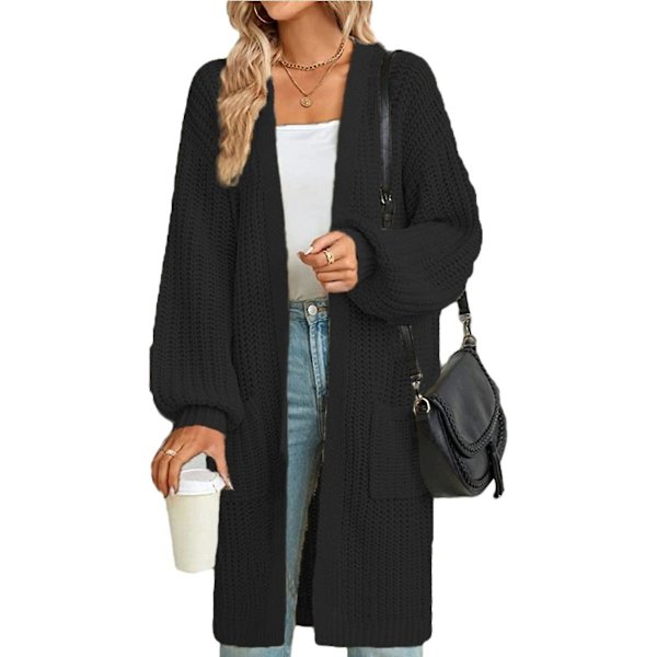 Dam Casual Öppen Framtill Långärmad Stickad Tröjor Ytterkläder Rockar Black L