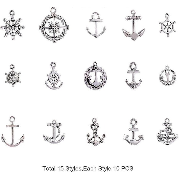 15 Stilar Nautiska Ankerberlocker 150st Anker Rorkultingar Tibetansk Legering Skeppsrathjul Berlocker Pärlor för Sommar Män DIY Armband Halsband Smyckestillverkning