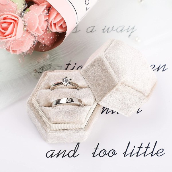 Sammetssmyckesringlåda, Hexagon Premium Gorgeous Vintage Double Ring Presentask med avtagbart lock för förslagsförlovningsbröllopsceremoni (beige)