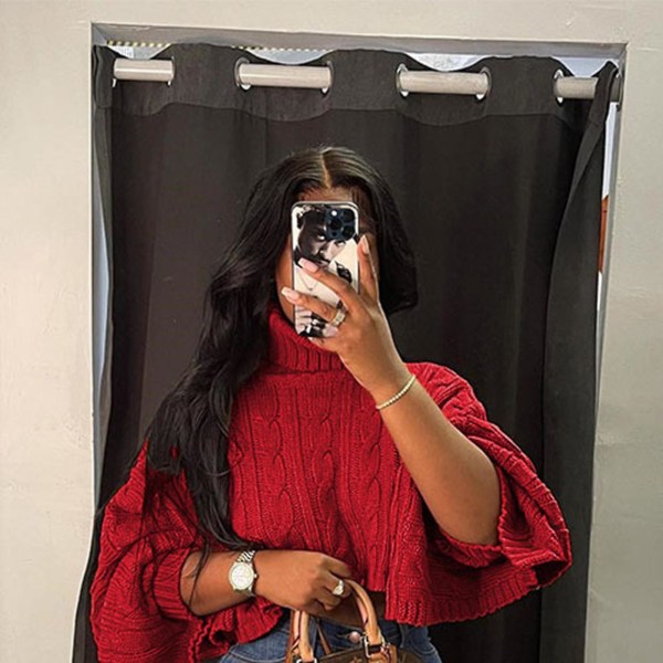 Dame Sweater Sjal Løs Rullekrave Cropped Toppe Kvinde Efterår Vinter Mode Elegant S Red