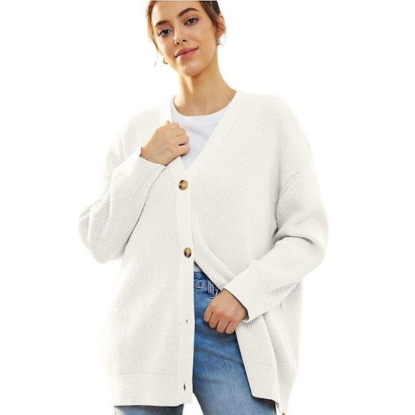Koftor för kvinnor, stickad tröja med V-ringning, lös stickad ytterkläder White XL