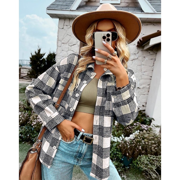 Landlig Plaid Skjorte 2023 Efterår Og Vinter Cardigan Lang Frakke Top Dame Mode Løs black M